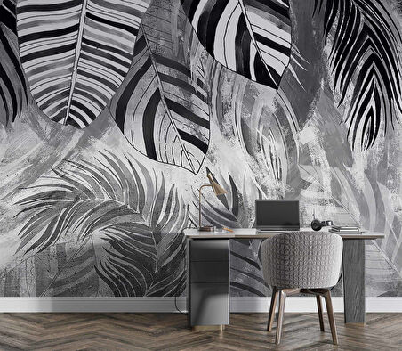 Siyah Gri Yaprak Çizim Desenli Duvar Kağıdı