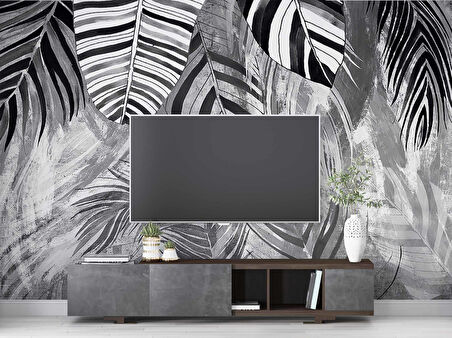 Siyah Gri Yaprak Çizim Desenli Duvar Kağıdı