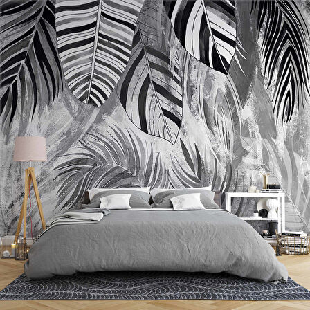 Siyah Gri Yaprak Çizim Desenli Duvar Kağıdı