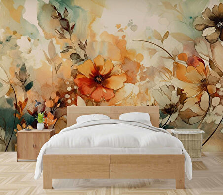 Turuncu Çiçek Çizim Deseneli Duvar Kağıdı