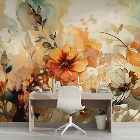 Turuncu Çiçek Çizim Deseneli Duvar Kağıdı