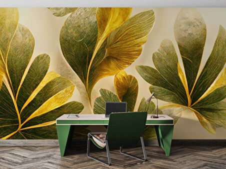 3 Boyutlu Yeşil Yaprak Çizim Deseneli Duvar Kağıdı