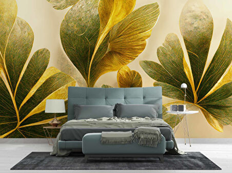 3 Boyutlu Yeşil Yaprak Çizim Deseneli Duvar Kağıdı