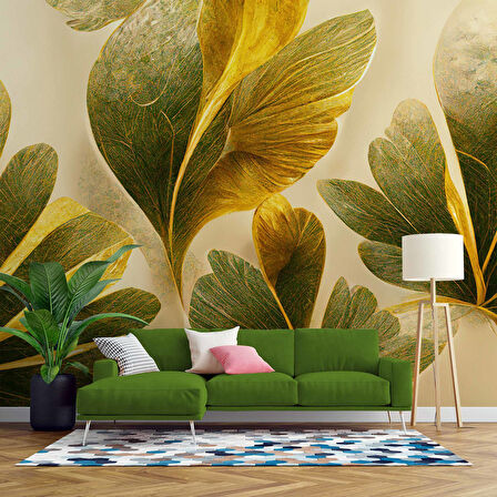 3 Boyutlu Yeşil Yaprak Çizim Deseneli Duvar Kağıdı