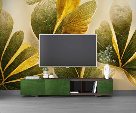 3 Boyutlu Yeşil Yaprak Çizim Deseneli Duvar Kağıdı