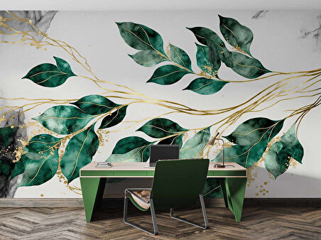Yeşil Yaprak Altın Dal Deseneli Duvar Kağıdı