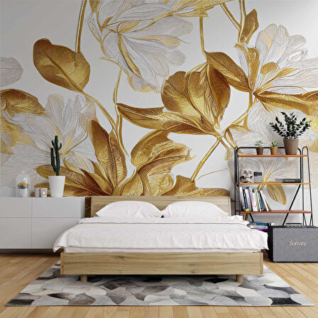 3 Boyutlu Beyaz Altın Çiçek Desenli Duvar Kağıdı