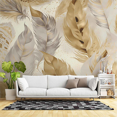 Beyaz Altın Tüy Desenli Duvar Kağıdı