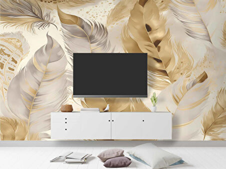 Beyaz Altın Tüy Desenli Duvar Kağıdı