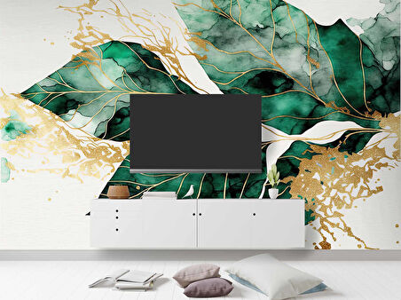 Beyaz Zemin Yeşil Yaprak Çizim Temalı Duvar Kağıdı