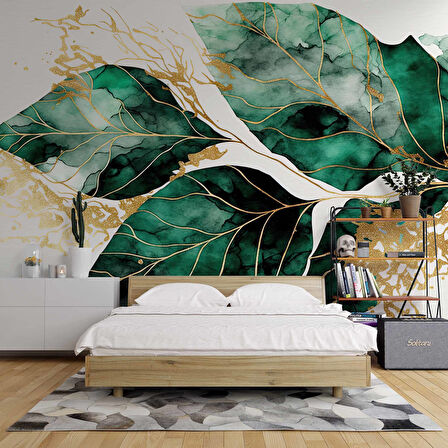 Beyaz Zemin Yeşil Yaprak Çizim Temalı Duvar Kağıdı