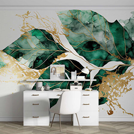 Beyaz Zemin Yeşil Yaprak Çizim Temalı Duvar Kağıdı