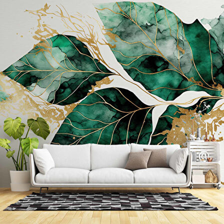 Beyaz Zemin Yeşil Yaprak Çizim Temalı Duvar Kağıdı