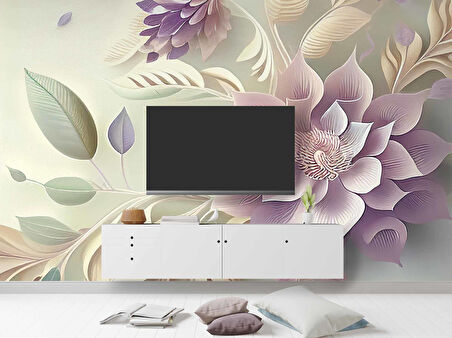 3 Boyutlu Pembe Çiçek Çizim Temalı Duvar Kağıdı