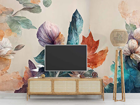 3 Boyutlu Pembe Çiçek Yeşil Yaprak Çizim Temalı Duvar Kağıdı