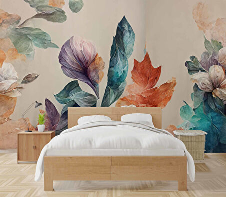 3 Boyutlu Pembe Çiçek Yeşil Yaprak Çizim Temalı Duvar Kağıdı