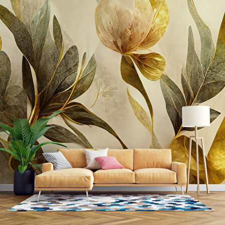 3 Boyutlu Altın Yaprak Çizim Temalı Duvar Kağıdı