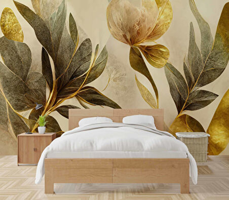 3 Boyutlu Altın Yaprak Çizim Temalı Duvar Kağıdı