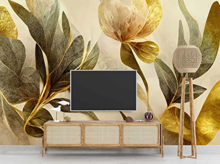 3 Boyutlu Altın Yaprak Çizim Temalı Duvar Kağıdı