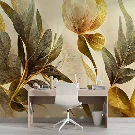 3 Boyutlu Altın Yaprak Çizim Temalı Duvar Kağıdı
