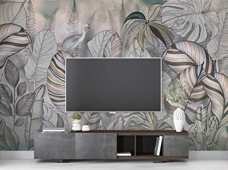 Pembe Eflatun Yaprak Çizim Temalı Duvar Kağıdı