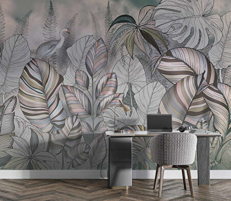 Pembe Eflatun Yaprak Çizim Temalı Duvar Kağıdı