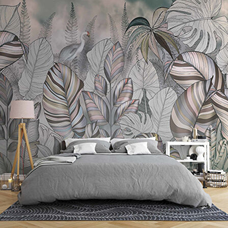 Pembe Eflatun Yaprak Çizim Temalı Duvar Kağıdı