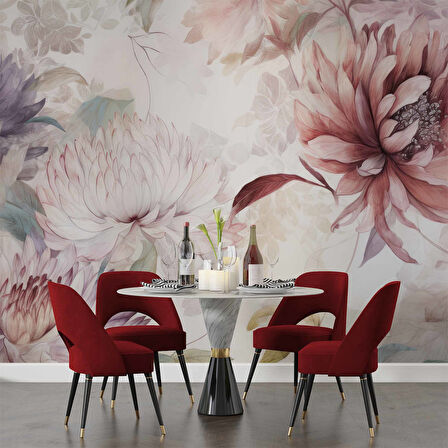 Kırmızı Pembe Çiçek Çizim Temalı Duvar Kağıdı