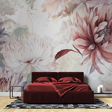 Kırmızı Pembe Çiçek Çizim Temalı Duvar Kağıdı