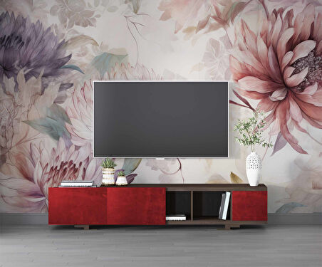 Kırmızı Pembe Çiçek Çizim Temalı Duvar Kağıdı