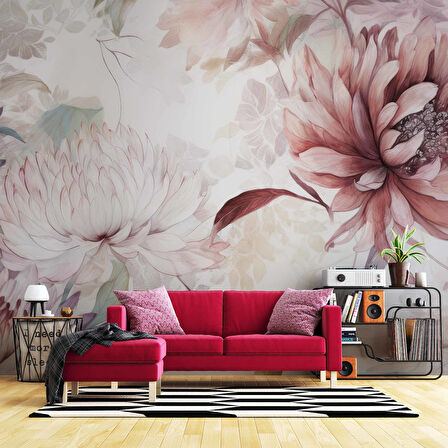 Kırmızı Pembe Çiçek Çizim Temalı Duvar Kağıdı