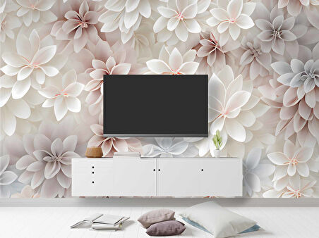 3 Boyutlu Beyaz Pembe Çiçek Çizim Temalı Duvar Kağıdı