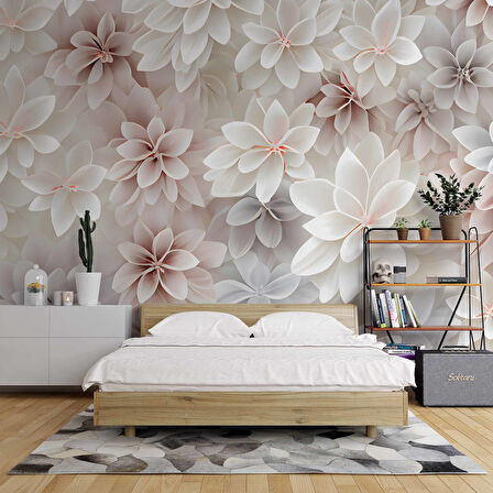 3 Boyutlu Beyaz Pembe Çiçek Çizim Temalı Duvar Kağıdı