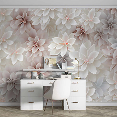 3 Boyutlu Beyaz Pembe Çiçek Çizim Temalı Duvar Kağıdı