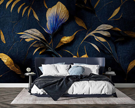 3 Boyutlu Lacivert Altın Çiçek Desenli Duvar Kağıd