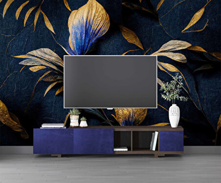 3 Boyutlu Lacivert Altın Çiçek Desenli Duvar Kağıd