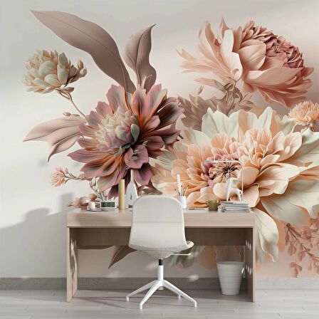 3 Boyutlu Pembe Beyaz Çiçek Desenli Duvar Kağıdı