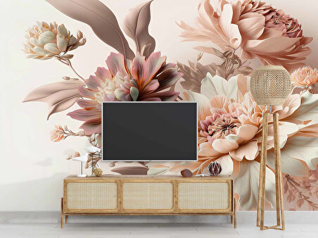 3 Boyutlu Pembe Beyaz Çiçek Desenli Duvar Kağıdı