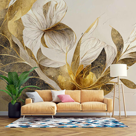 Beyaz Çiçek Yeşil Yaprak Desenli Duvar Kağıdı