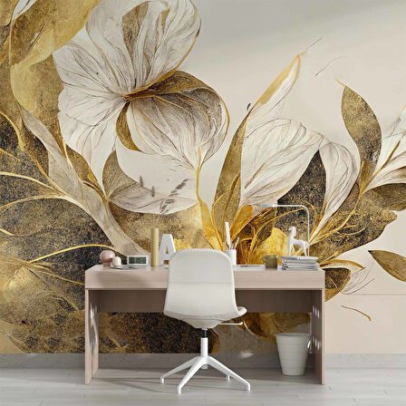 Beyaz Çiçek Yeşil Yaprak Desenli Duvar Kağıdı