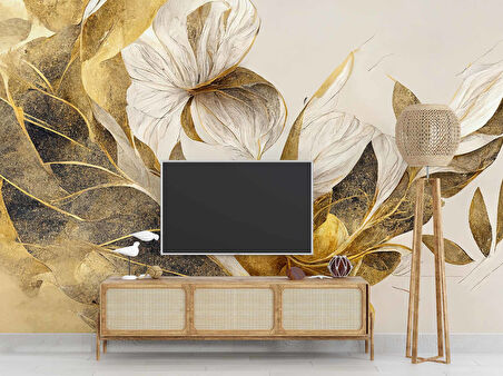 Beyaz Çiçek Yeşil Yaprak Desenli Duvar Kağıdı