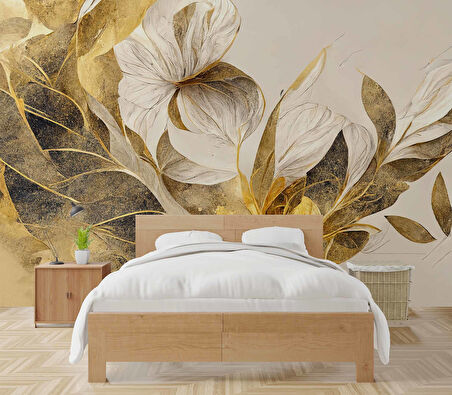 Beyaz Çiçek Yeşil Yaprak Desenli Duvar Kağıdı