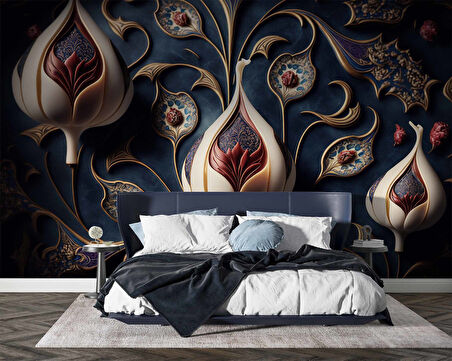 3 Boyutlu Lacivert Lale Desenli Duvar Kağıdı