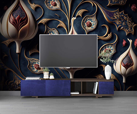 3 Boyutlu Lacivert Lale Desenli Duvar Kağıdı