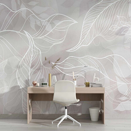 Gri Zemin Beyaz Yaprak Çizim Desenli Duvar Kağıdı