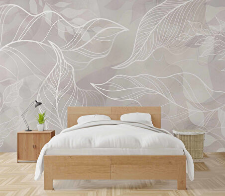 Gri Zemin Beyaz Yaprak Çizim Desenli Duvar Kağıdı
