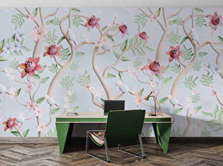 Yeşil Zemin Pembe Kırmızı Çiçek Desenli Duvar Kağıdı