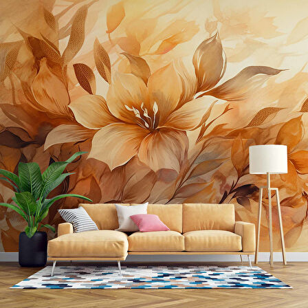 Turuncu Çiçek Çizim Desenli Duvar Kağıdı