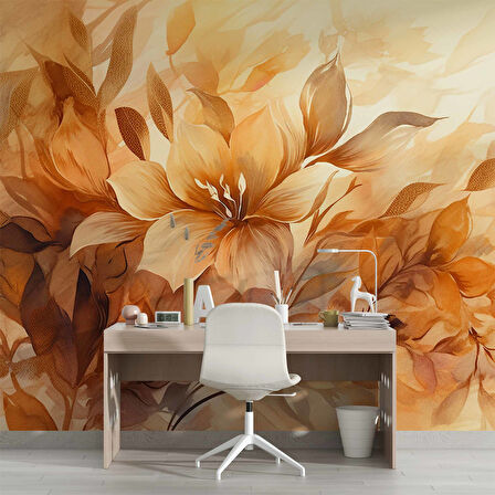 Turuncu Çiçek Çizim Desenli Duvar Kağıdı