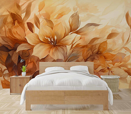 Turuncu Çiçek Çizim Desenli Duvar Kağıdı